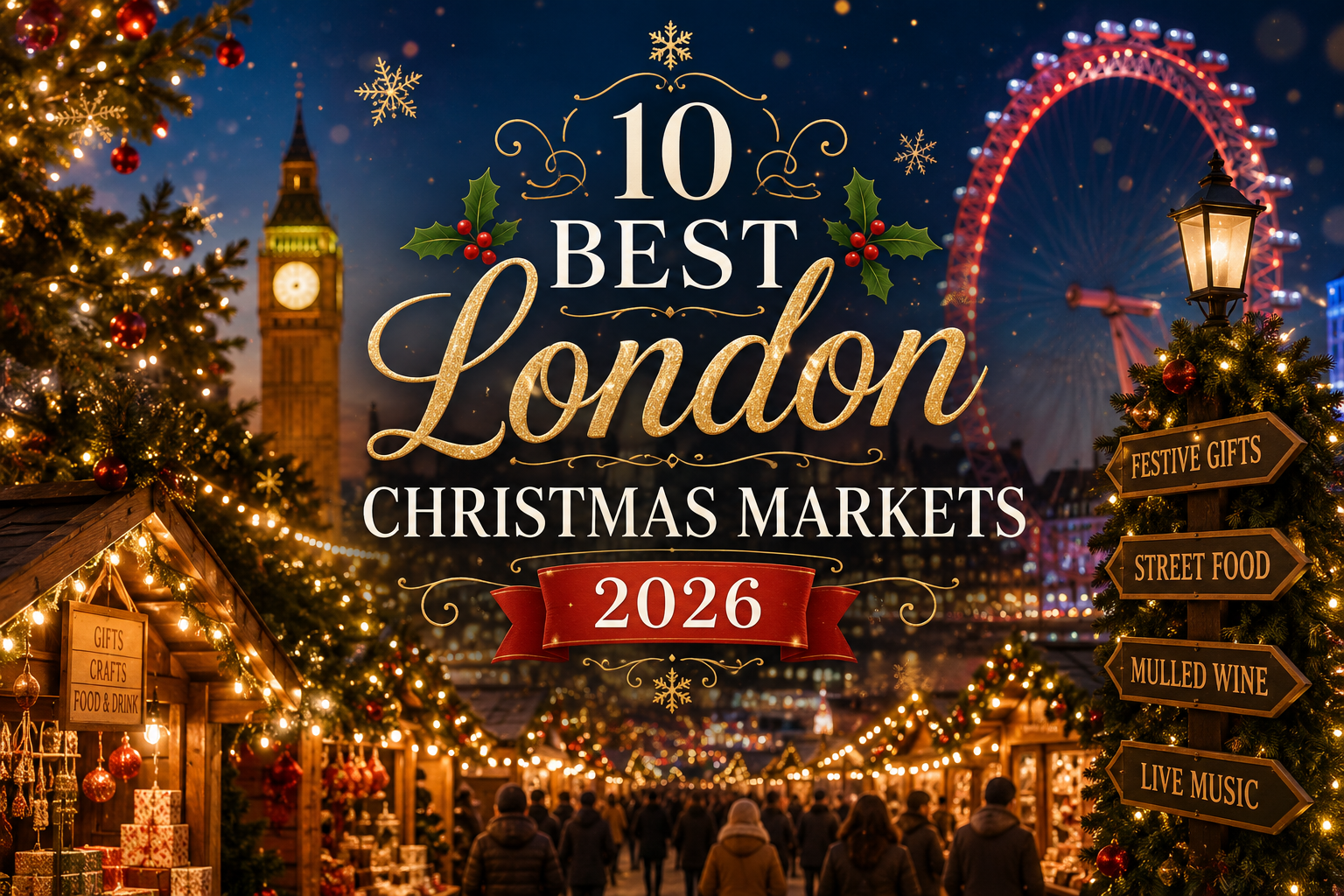 Christmas market in London with festive lights, artisan stalls and seasonal decorations