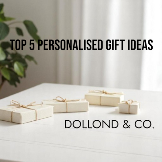 Top 5 Personalised Gift Ideas writing with white gift boxes.