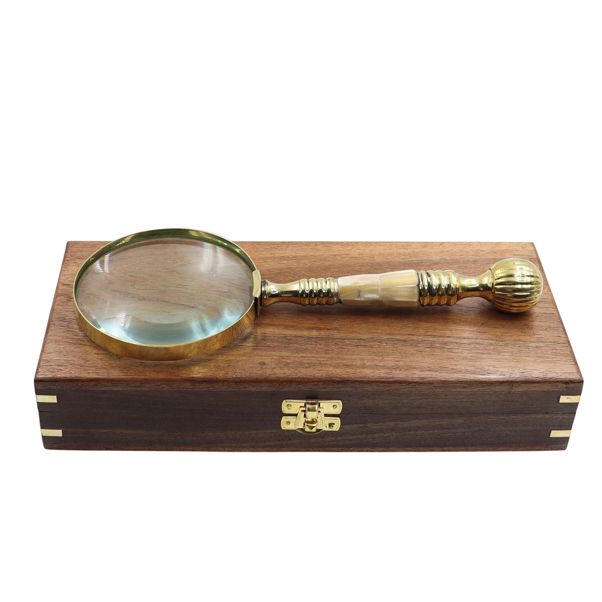 Mother of Pearl Brass Magnifying Glass with Wooden Box