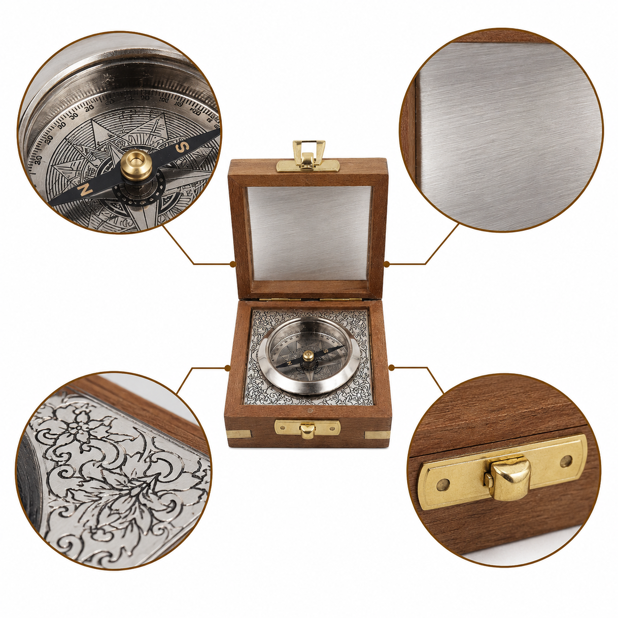 Personalised Nautical Silver Compass with Wooden Box