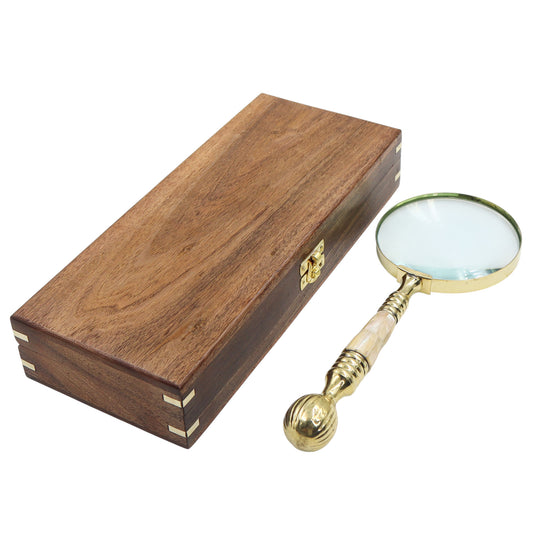 Mother of Pearl Brass Magnifying Glass with Wooden Box