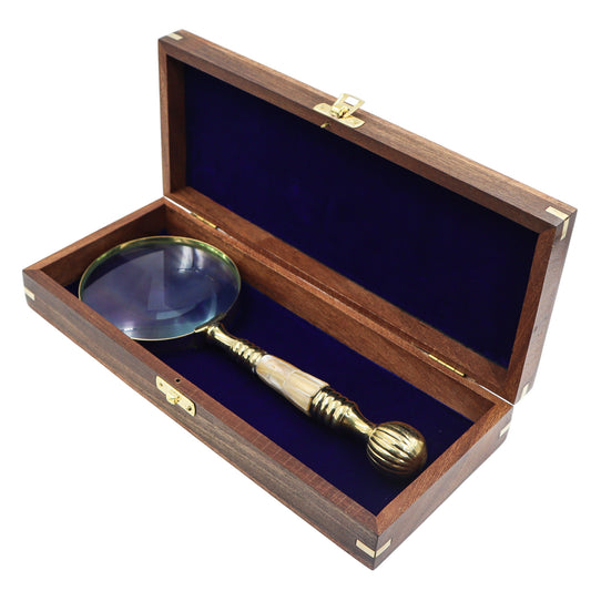 Mother of Pearl Brass Magnifying Glass with Wooden Box