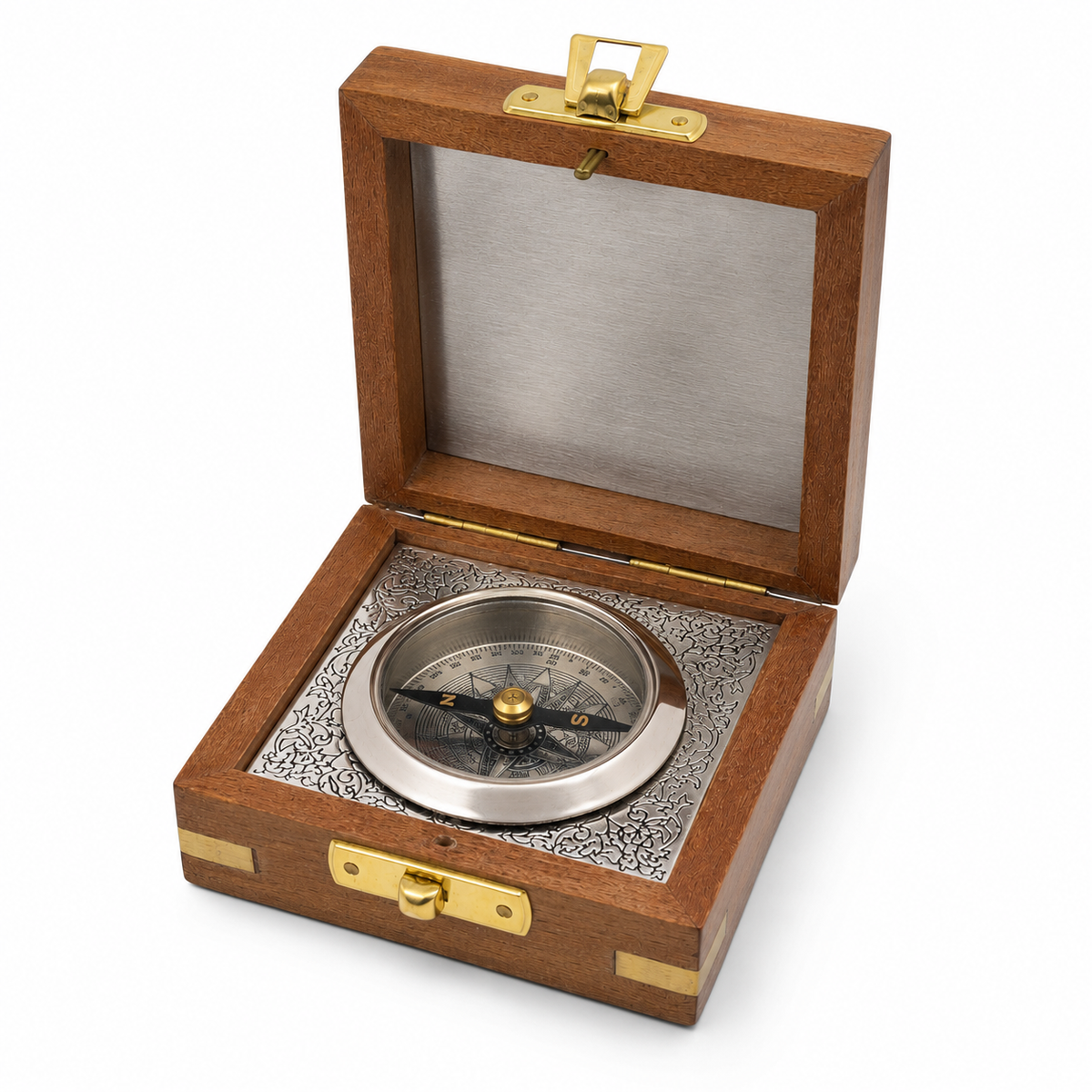 Personalised Nautical Silver Compass with Wooden Box