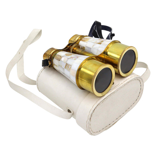 Custom Binoculars with Mother of Pearl in White Leather Case