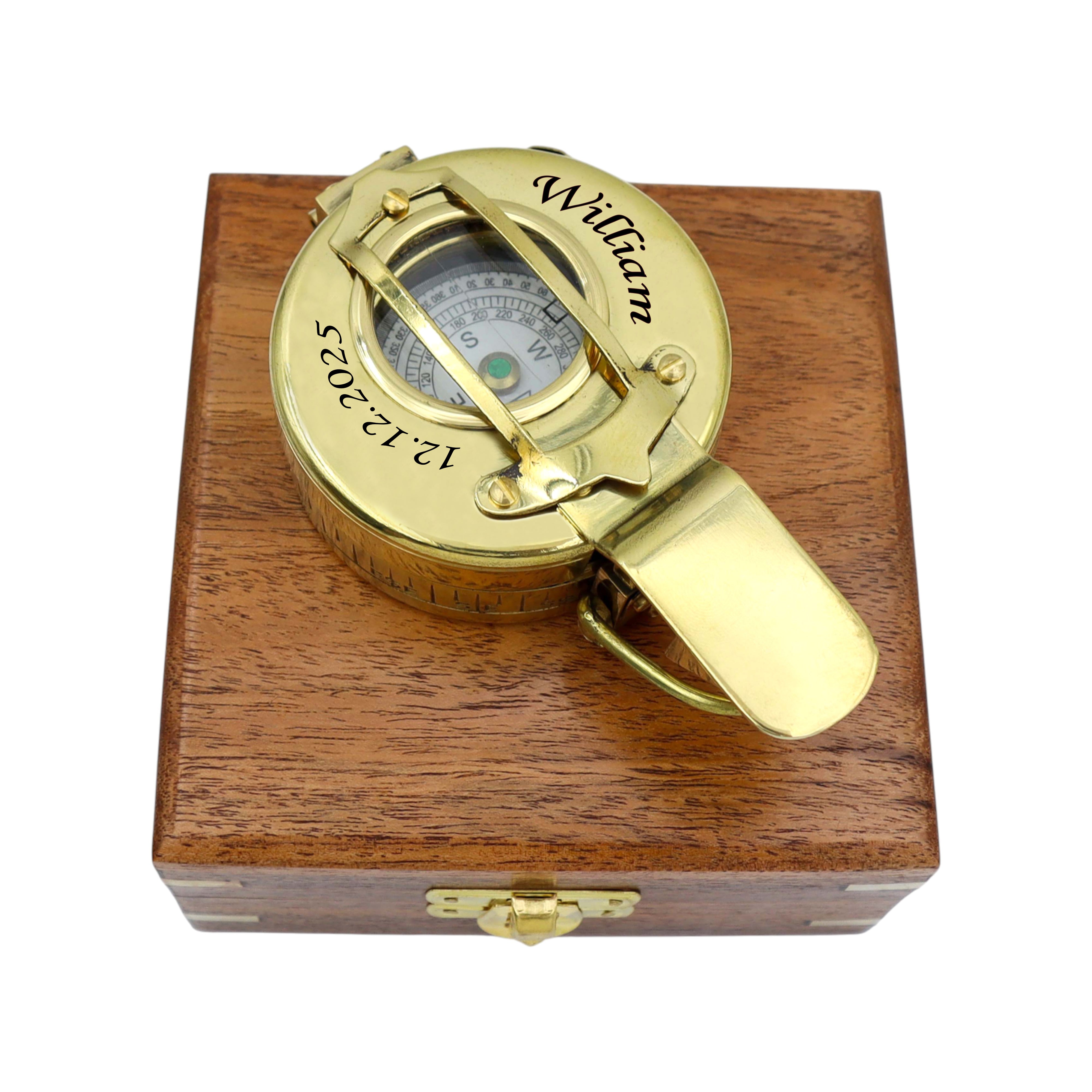 Personalised Brass Prismatic Marching Compass with Wooden Box