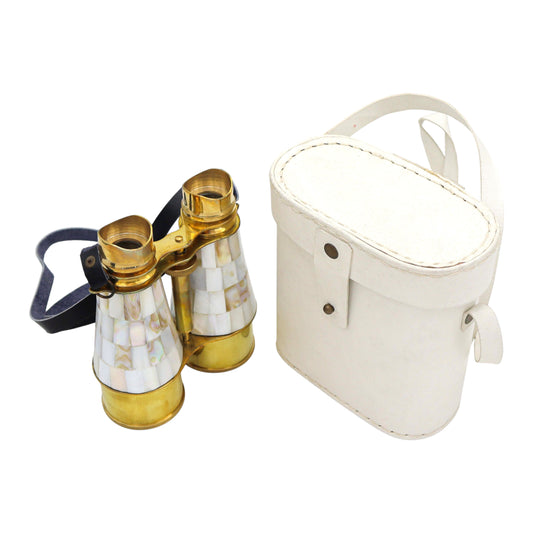 Custom Binoculars with Mother of Pearl in White Leather Case