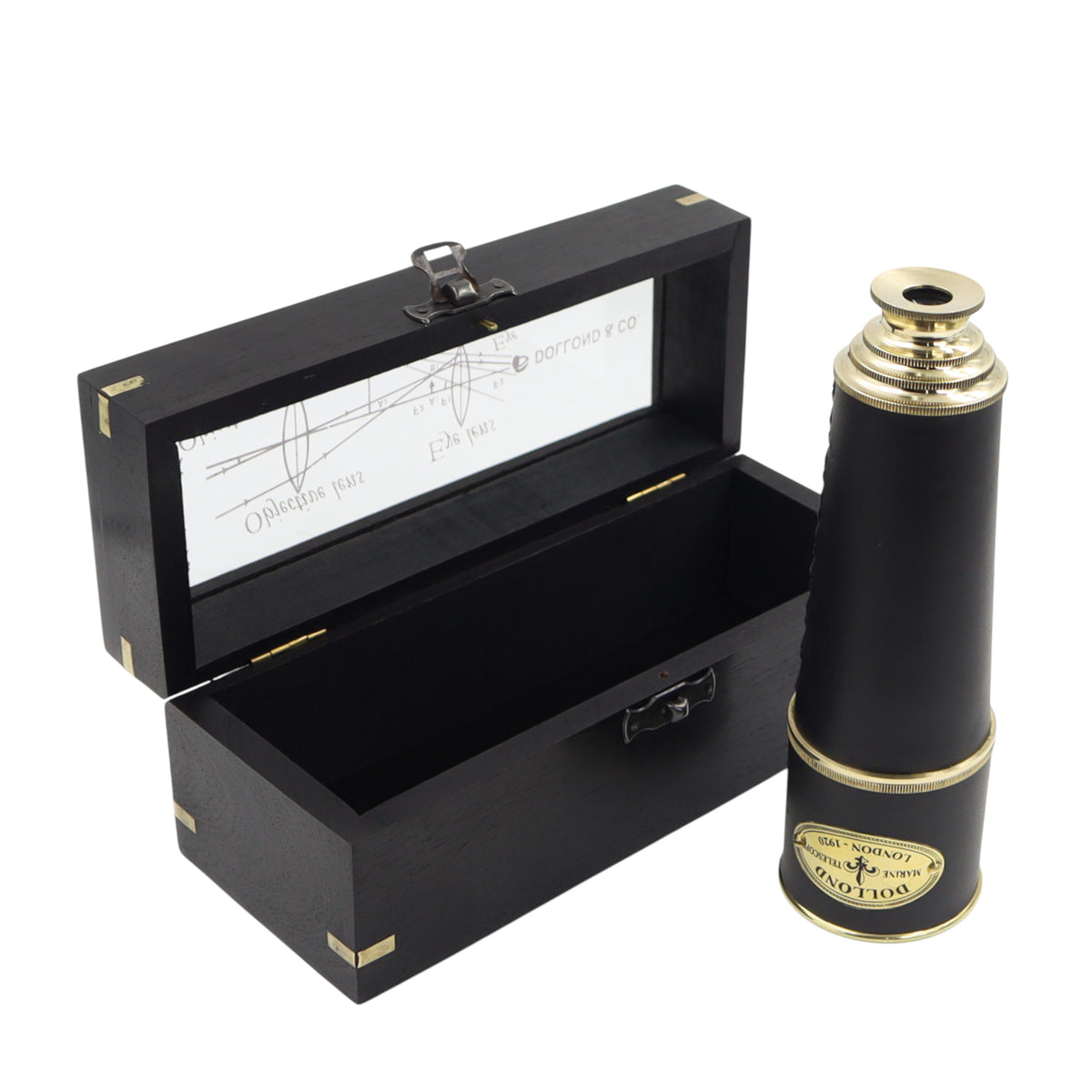 17-Inch The Aurum Black Leather Telescope with Wood Box
