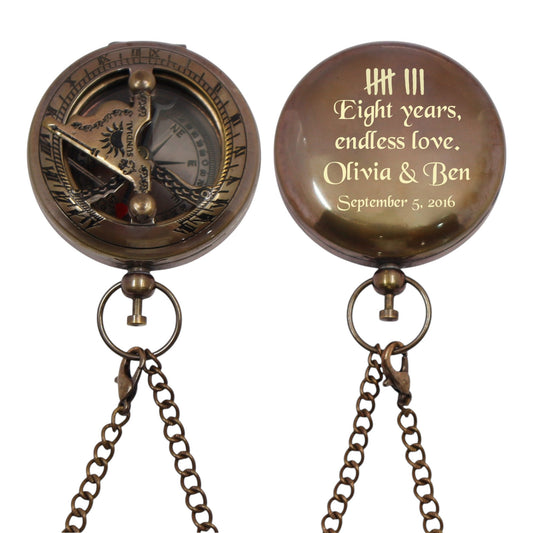 Custom 8th Anniversary Bronze Pocket Sundial Compass