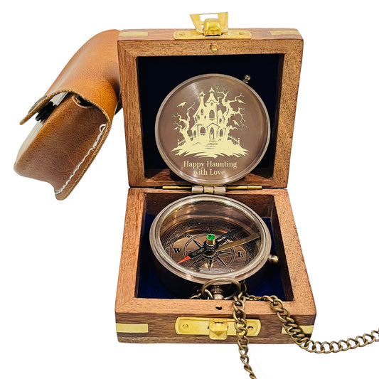 Personalised Halloween Compass with Leather Case