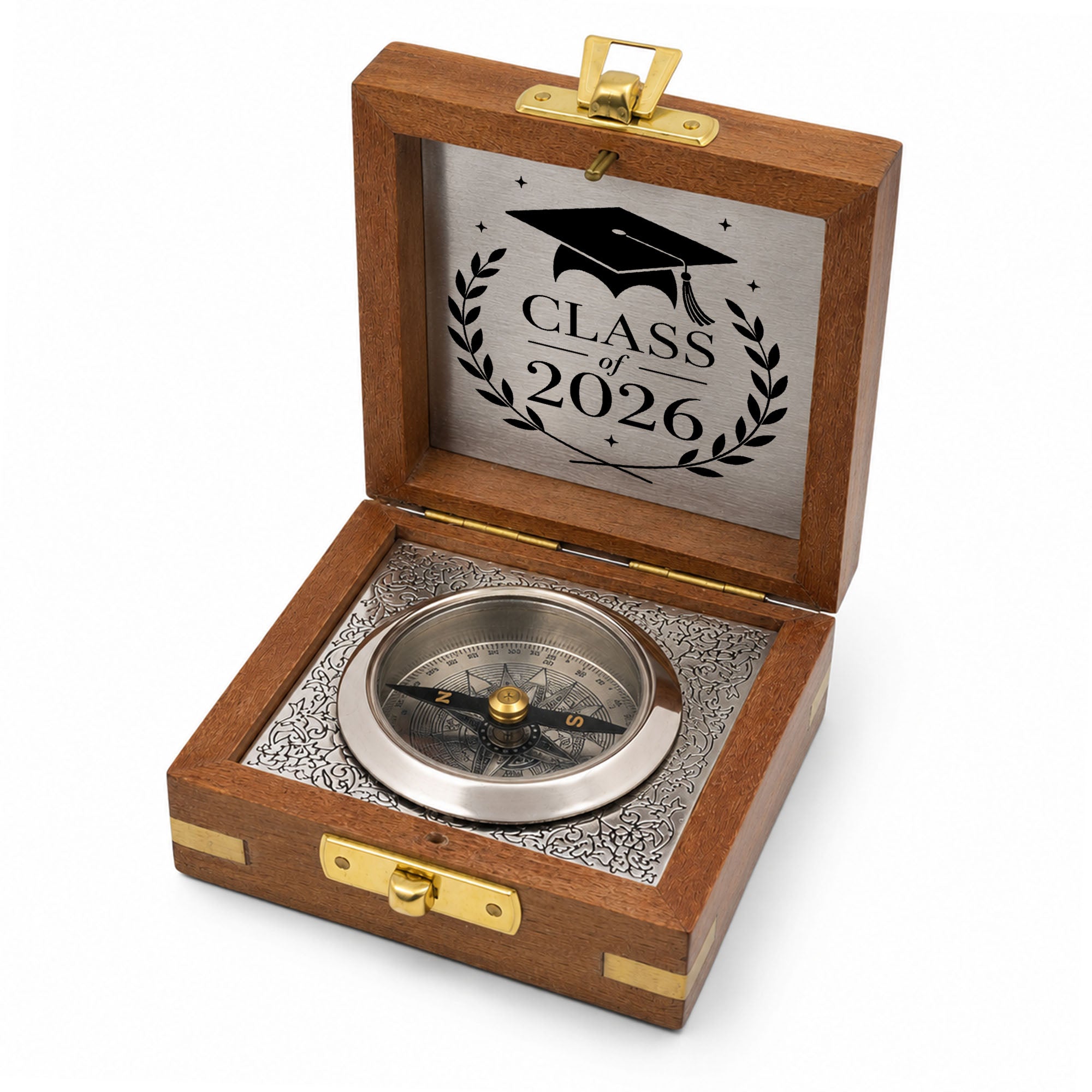 Personalised Nautical Silver Compass with Wooden Box