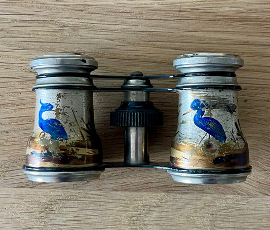 Hand Painted Blue Heron Bird Enamel Opera Binoculars