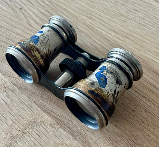 Hand Painted Blue Heron Bird Enamel Opera Binoculars