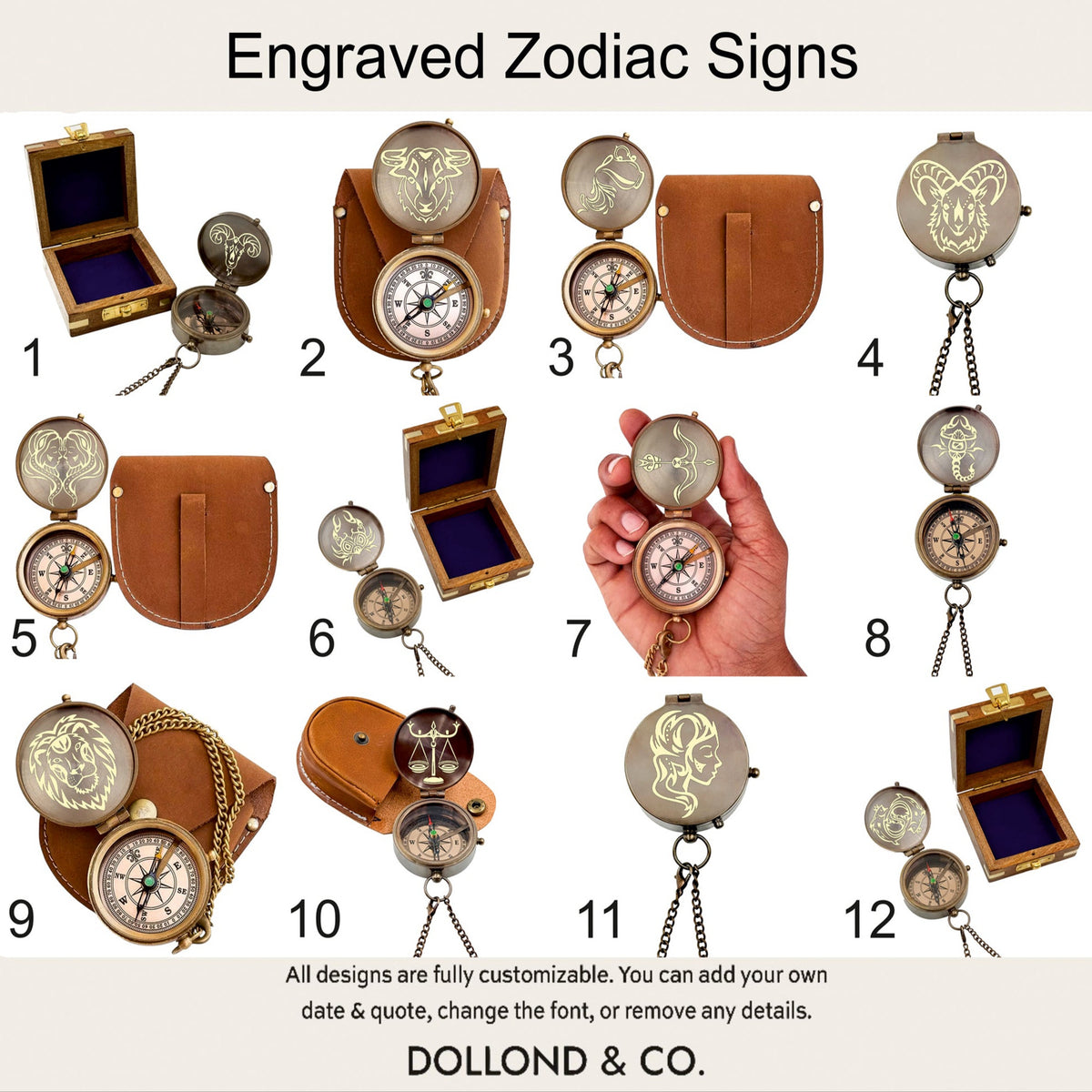Personalised Zodiac Compass with Leather Case