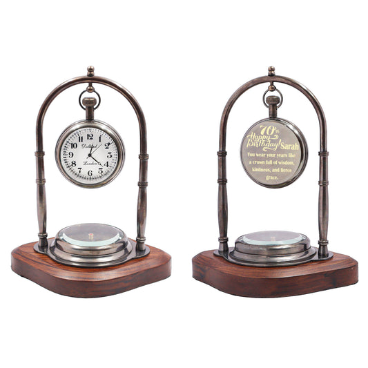 Custom Engraved 70th Birthday Desk Clock with Compass