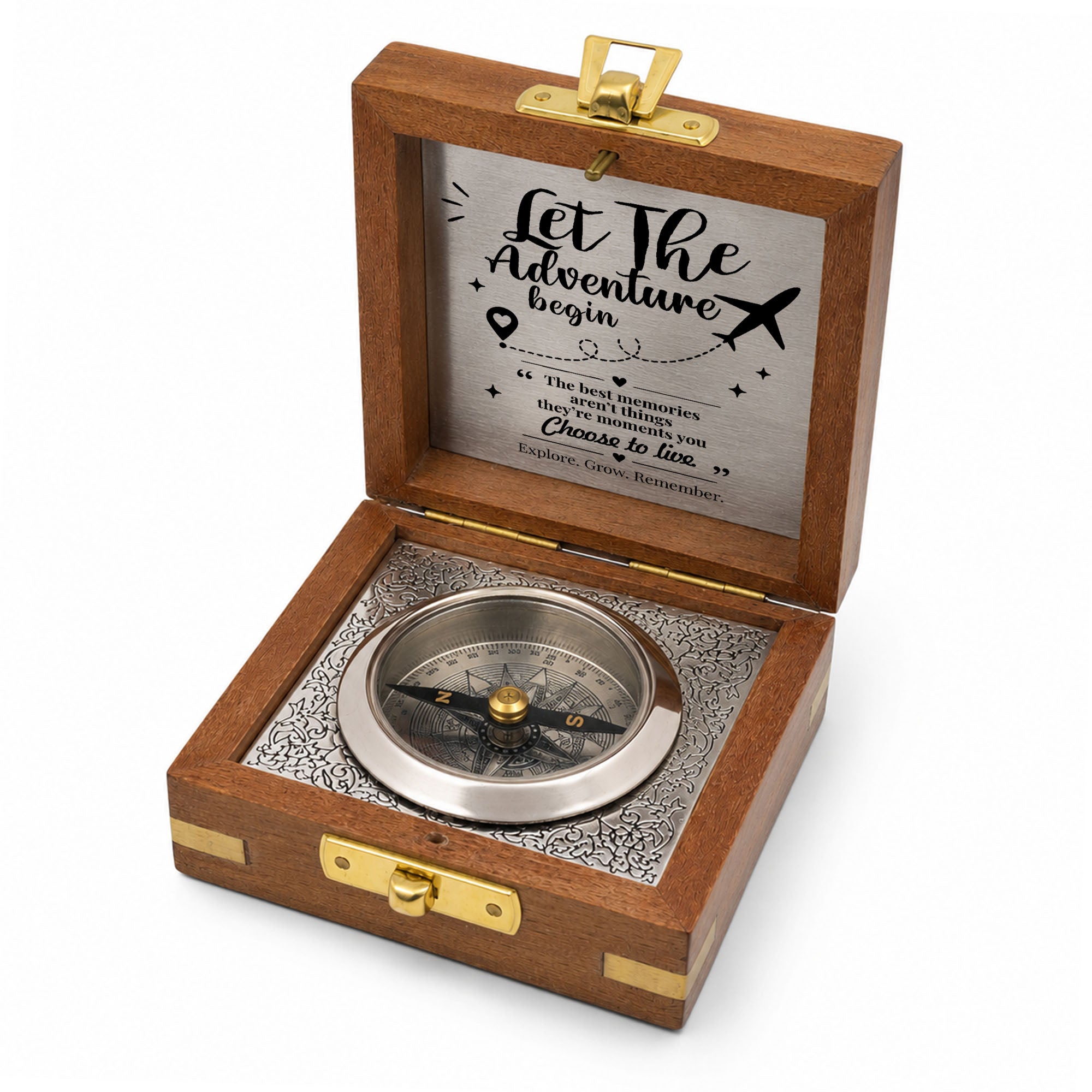 Personalised Nautical Silver Compass with Wooden Box