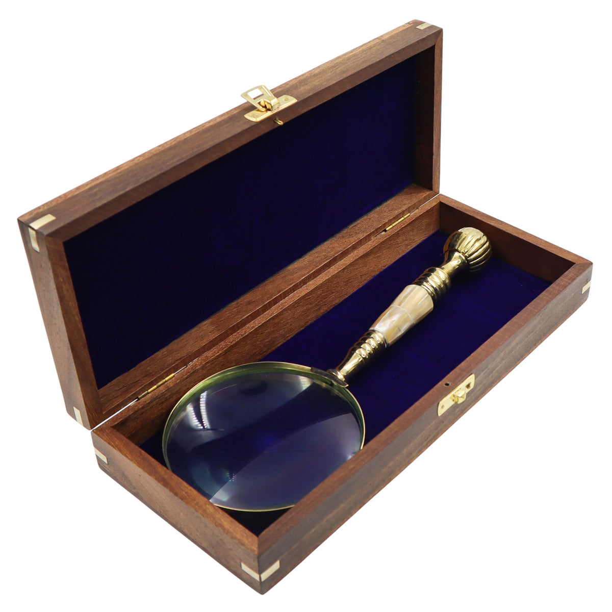 Mother of Pearl Brass Magnifying Glass with Wooden Box
