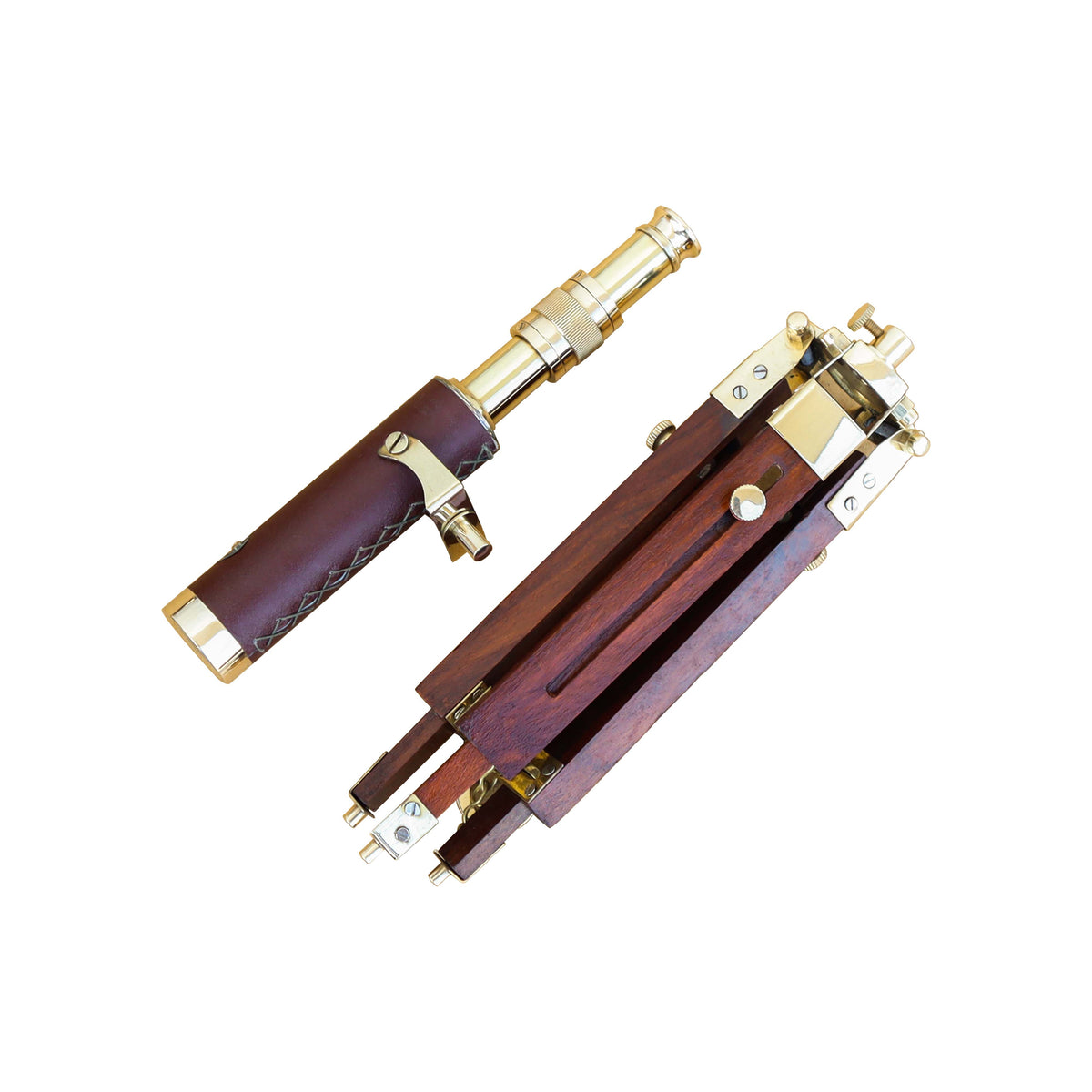 Brass & Brown Leather Telescope with Wooden Tripod