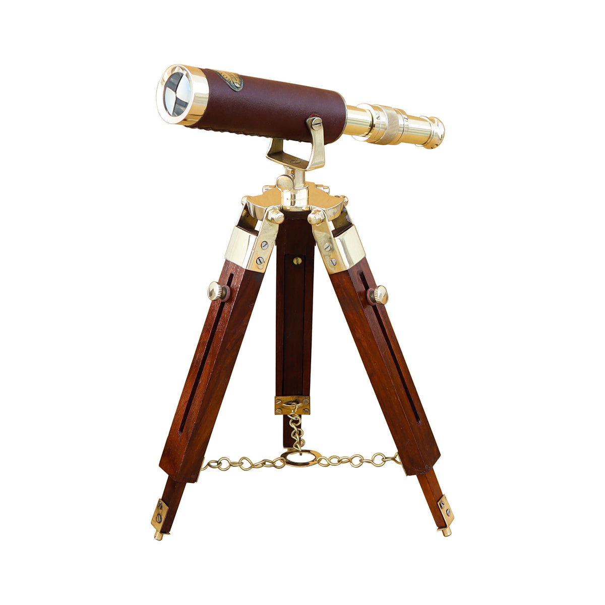 Brass & Brown Leather Telescope with Wooden Tripod