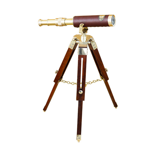 Brass & Brown Leather Telescope with Wooden Tripod