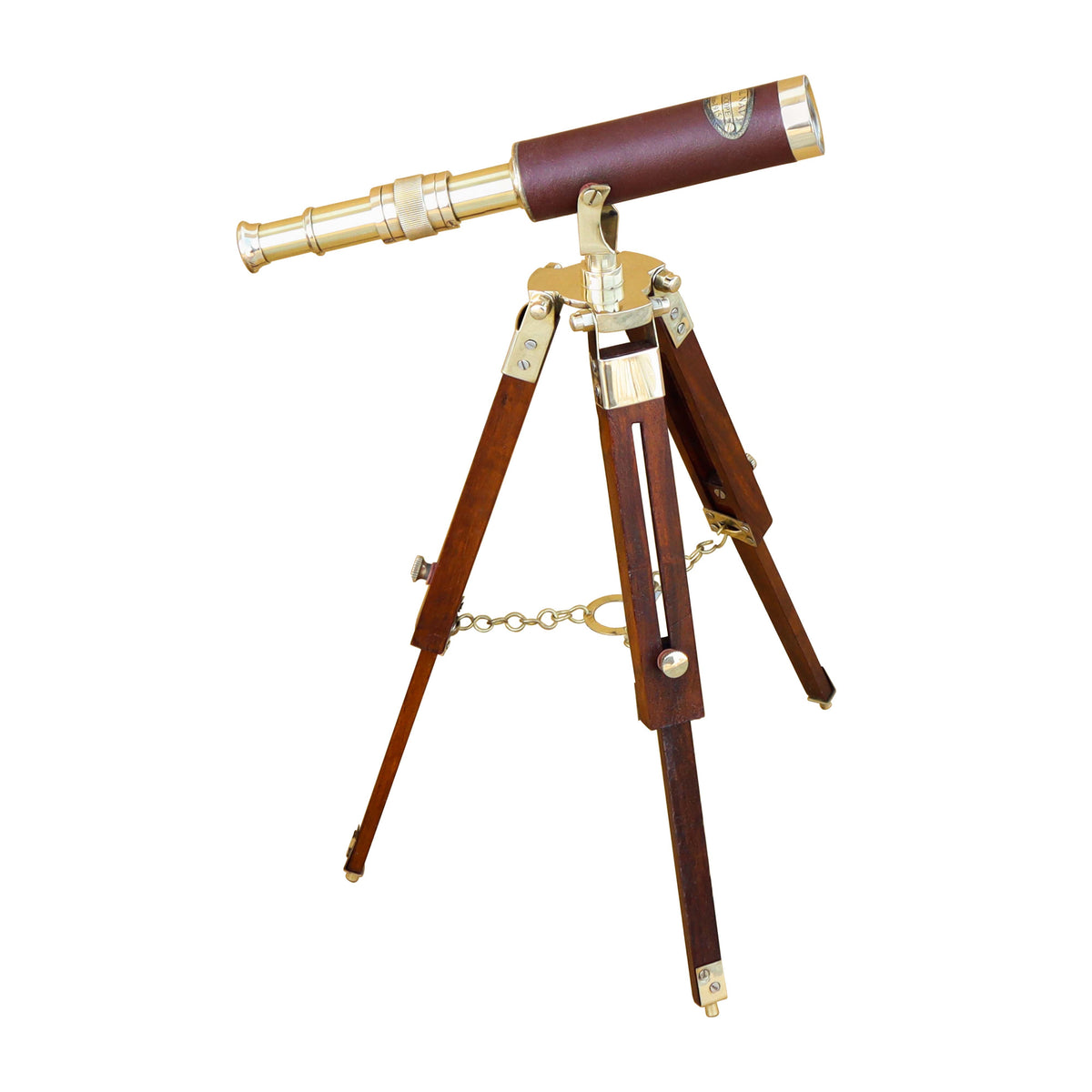Brass & Brown Leather Telescope with Wooden Tripod