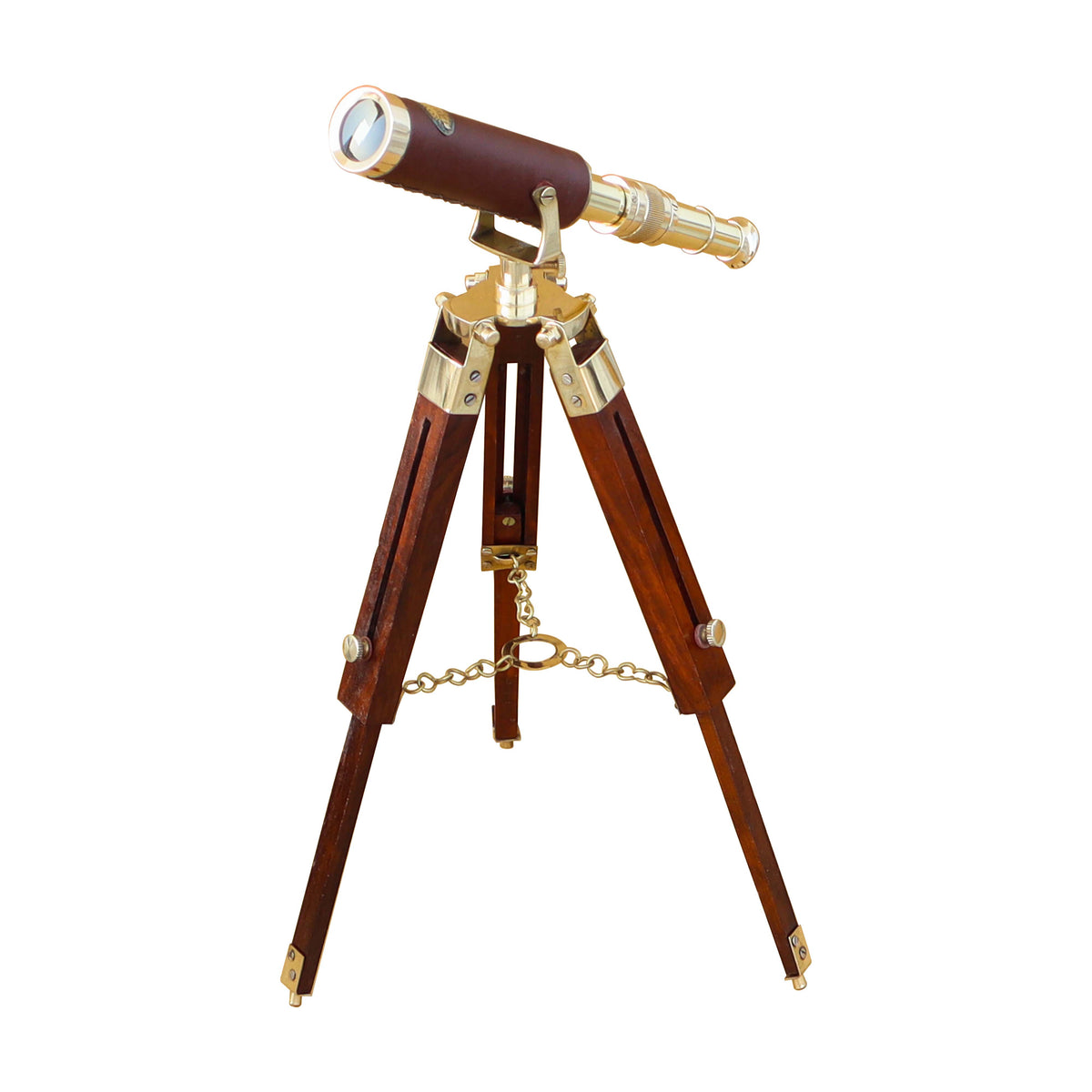 Brass & Brown Leather Telescope with Wooden Tripod