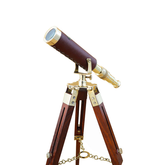 Brass & Brown Leather Telescope with Wooden Tripod