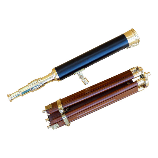 Black Leather & Brass Tabletop Telescope