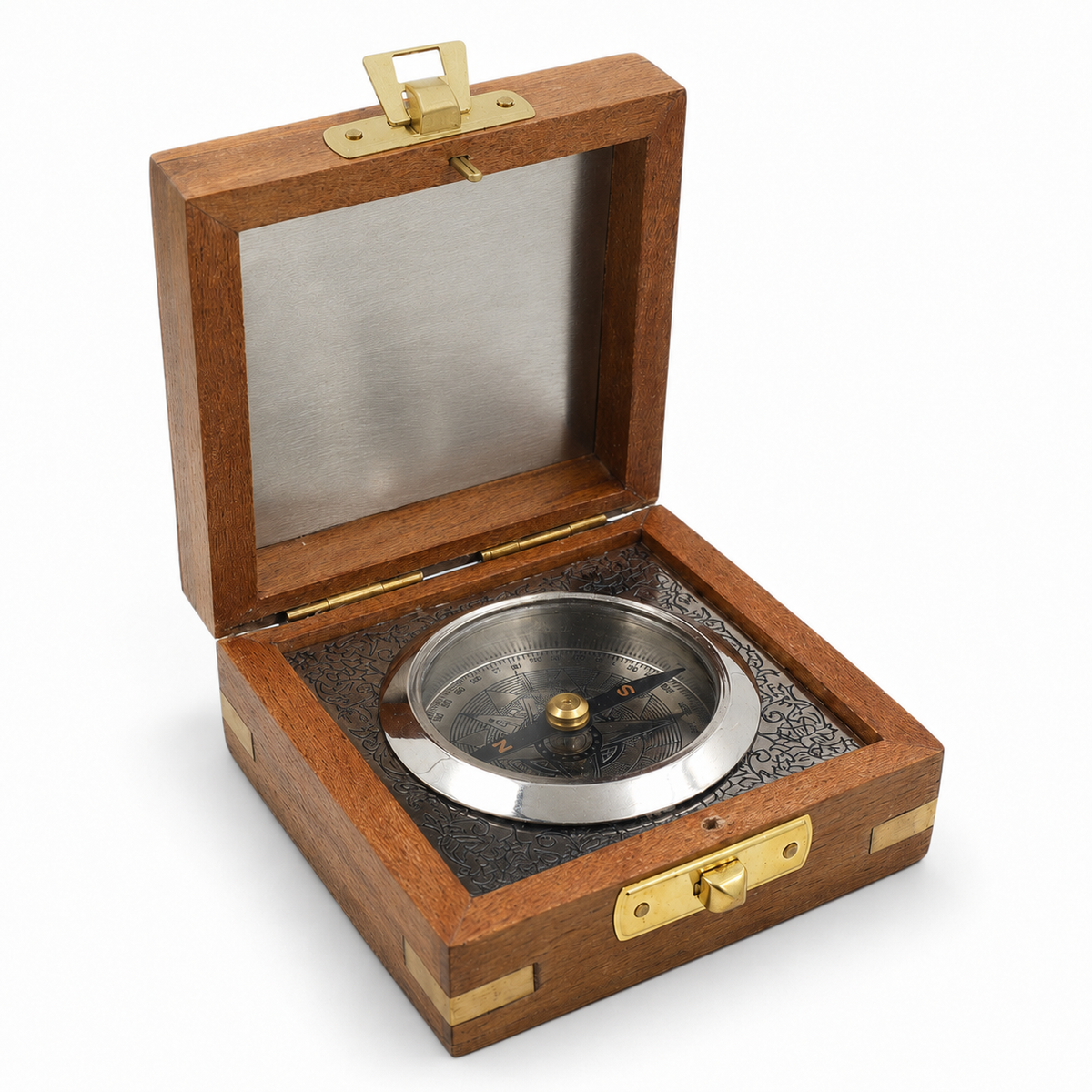 Personalised Nautical Silver Compass with Wooden Box