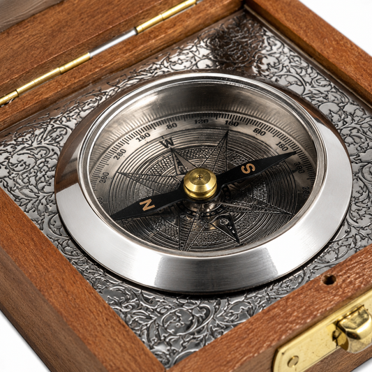 Personalised Nautical Silver Compass with Wooden Box