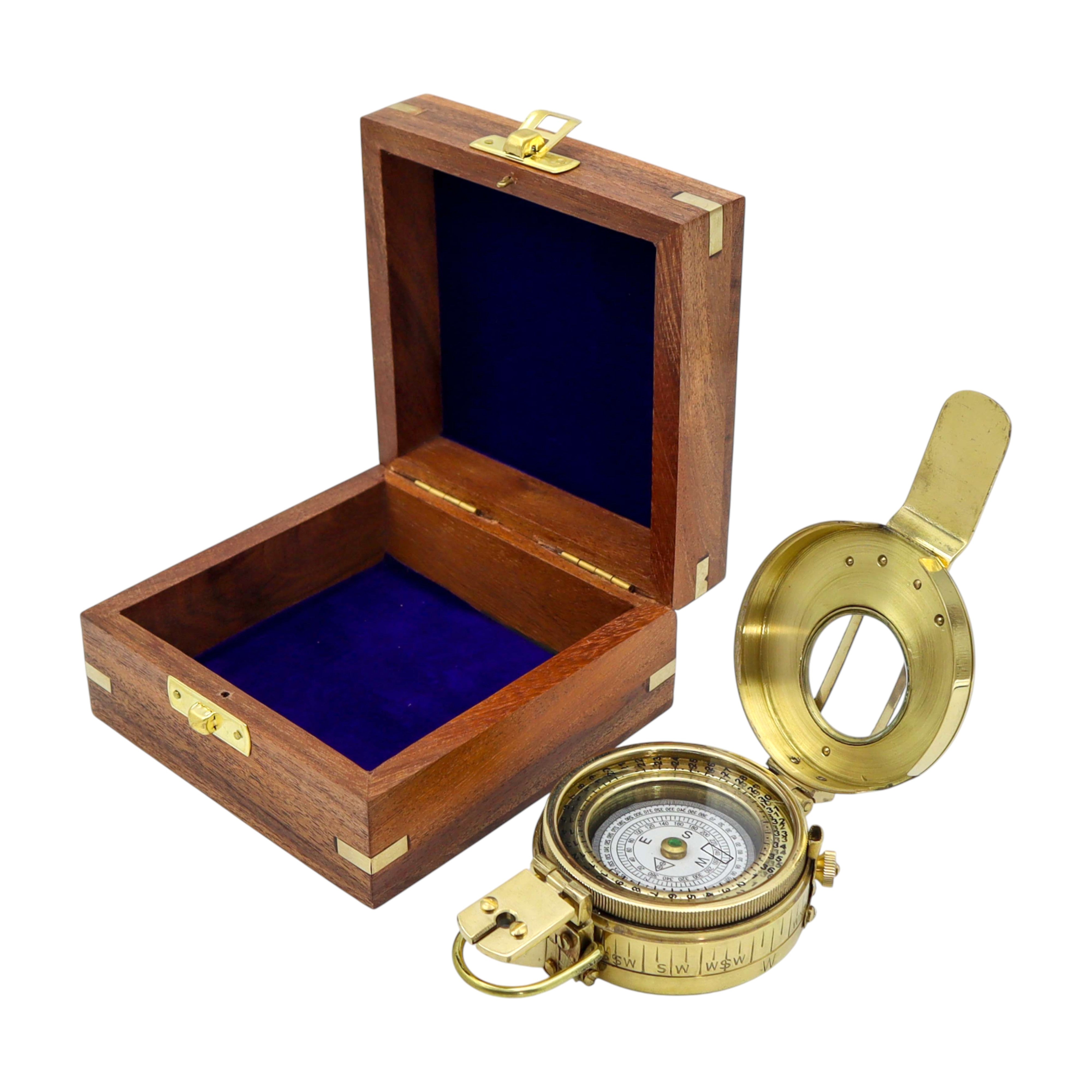 Personalised Brass Prismatic Marching Compass with Wooden Box