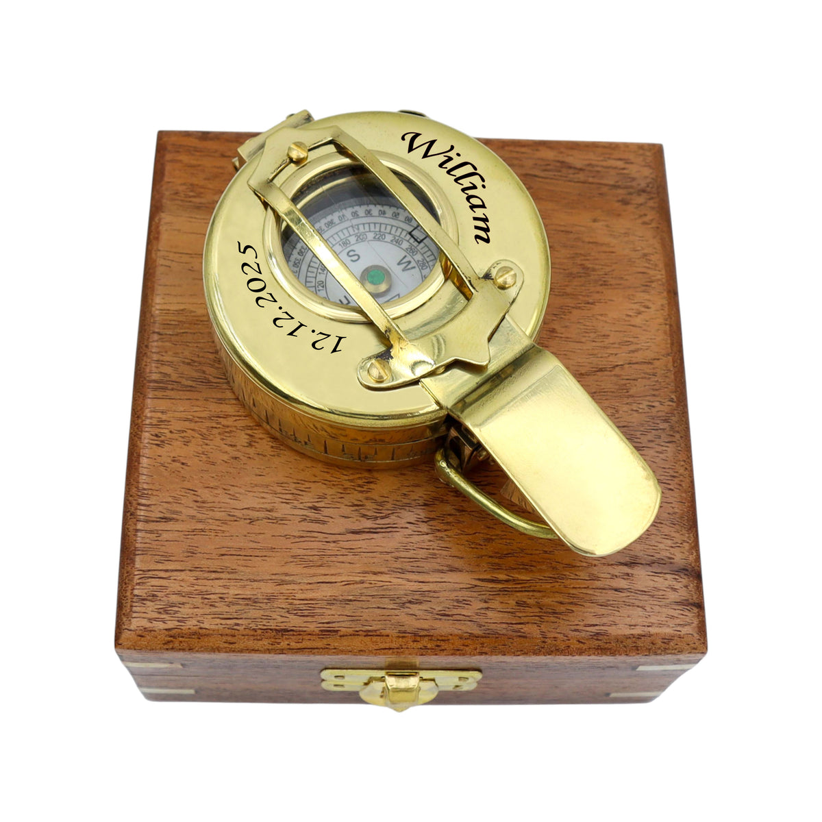 Personalised Brass Prismatic Marching Compass with Wooden Box