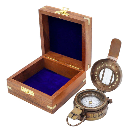Personalised Bronze Prismatic Marching Compass with Wooden Box
