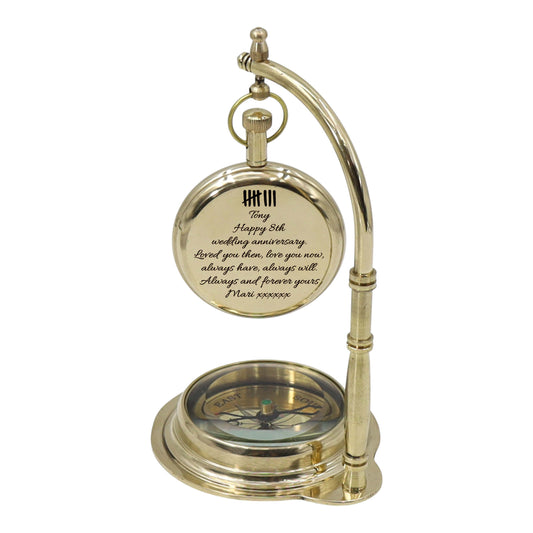 Personalised The Mariner Brass Desk Clock with Compass