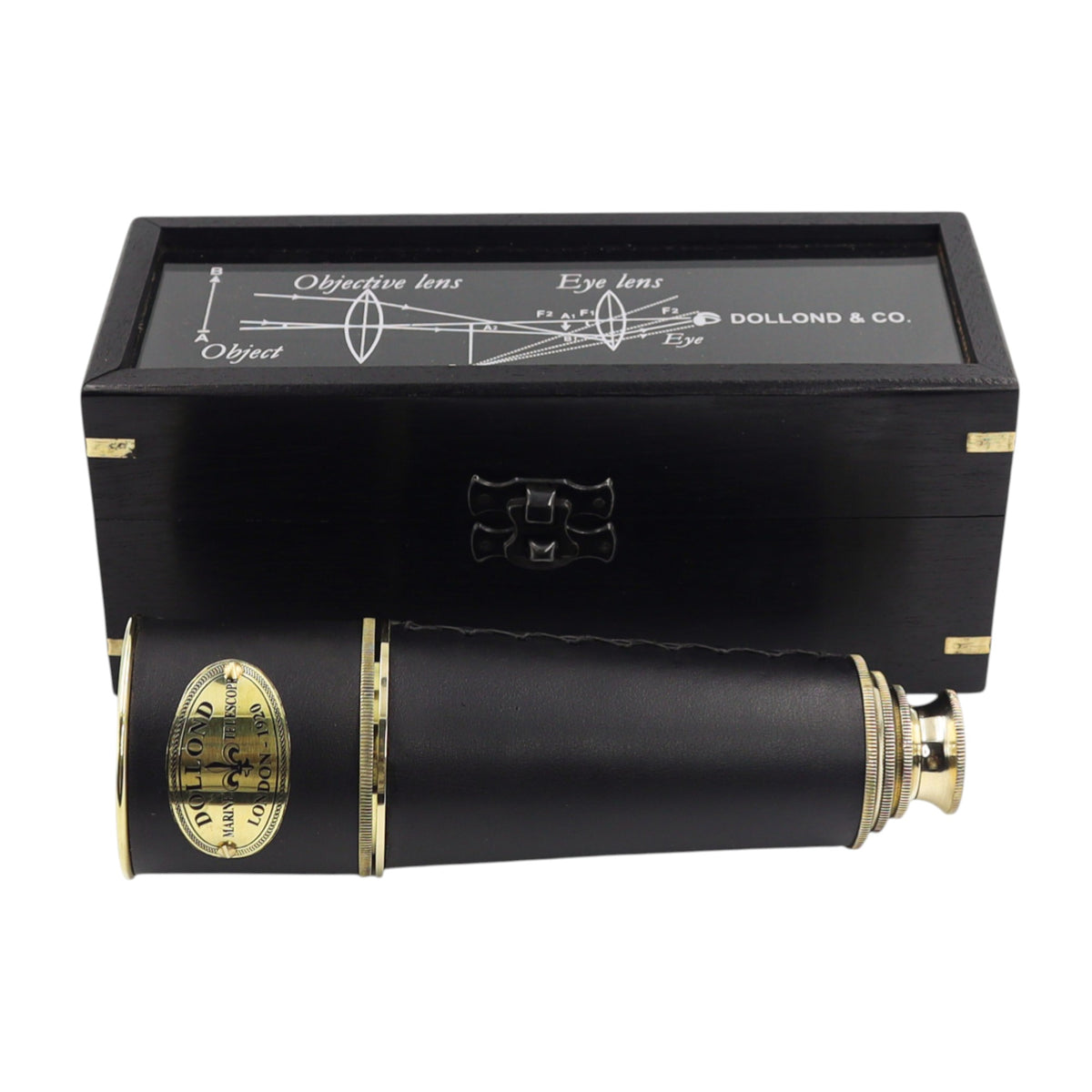 17-Inch The Aurum Black Leather Telescope with Wood Box