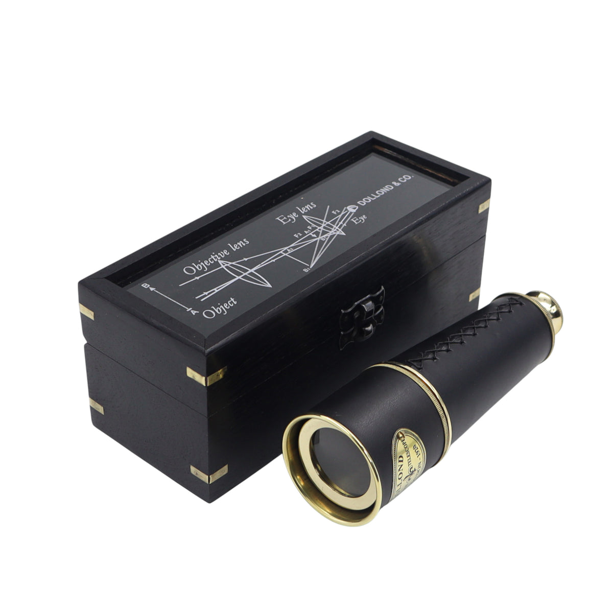 17-Inch The Aurum Black Leather Telescope with Wood Box