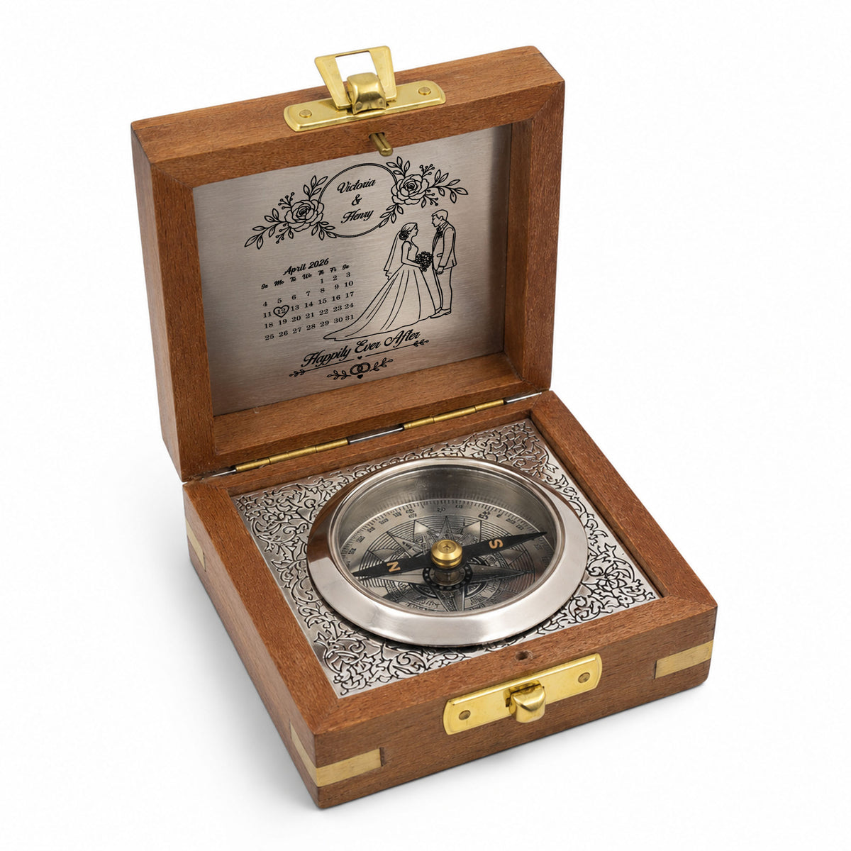 Personalised Nautical Silver Compass with Wooden Box