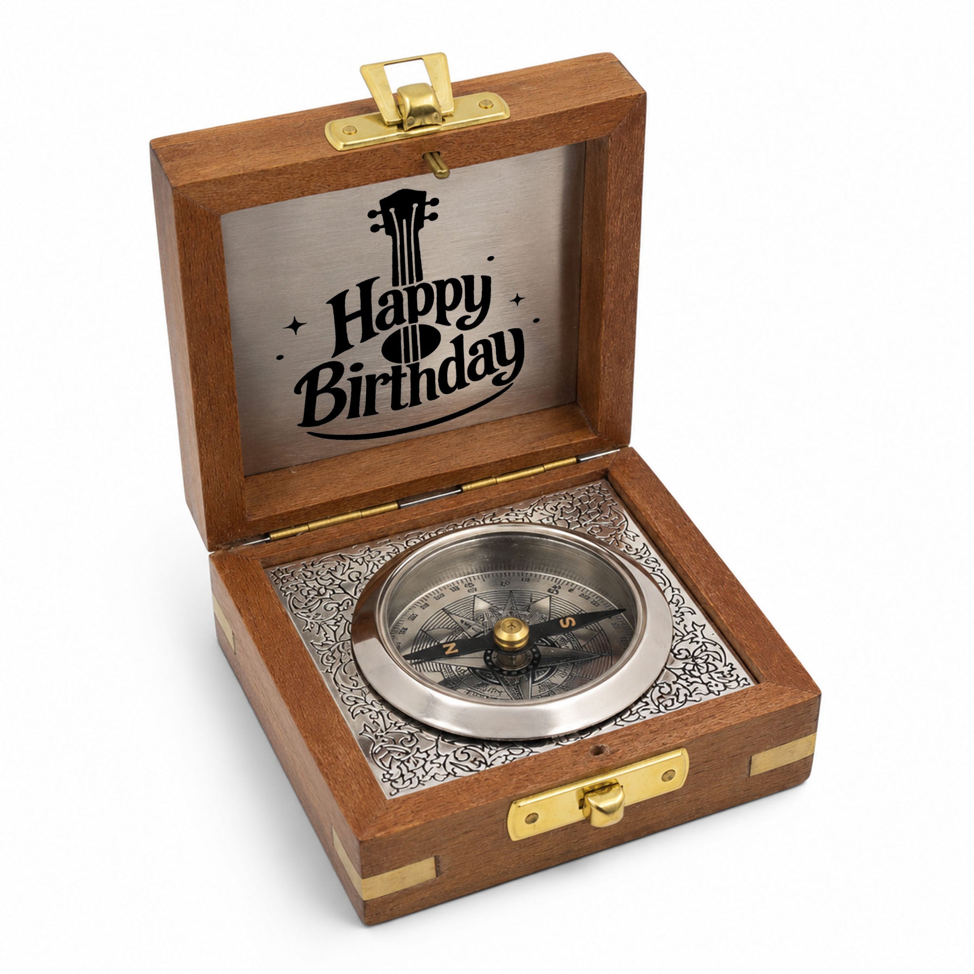 Personalised Nautical Silver Compass with Wooden Box