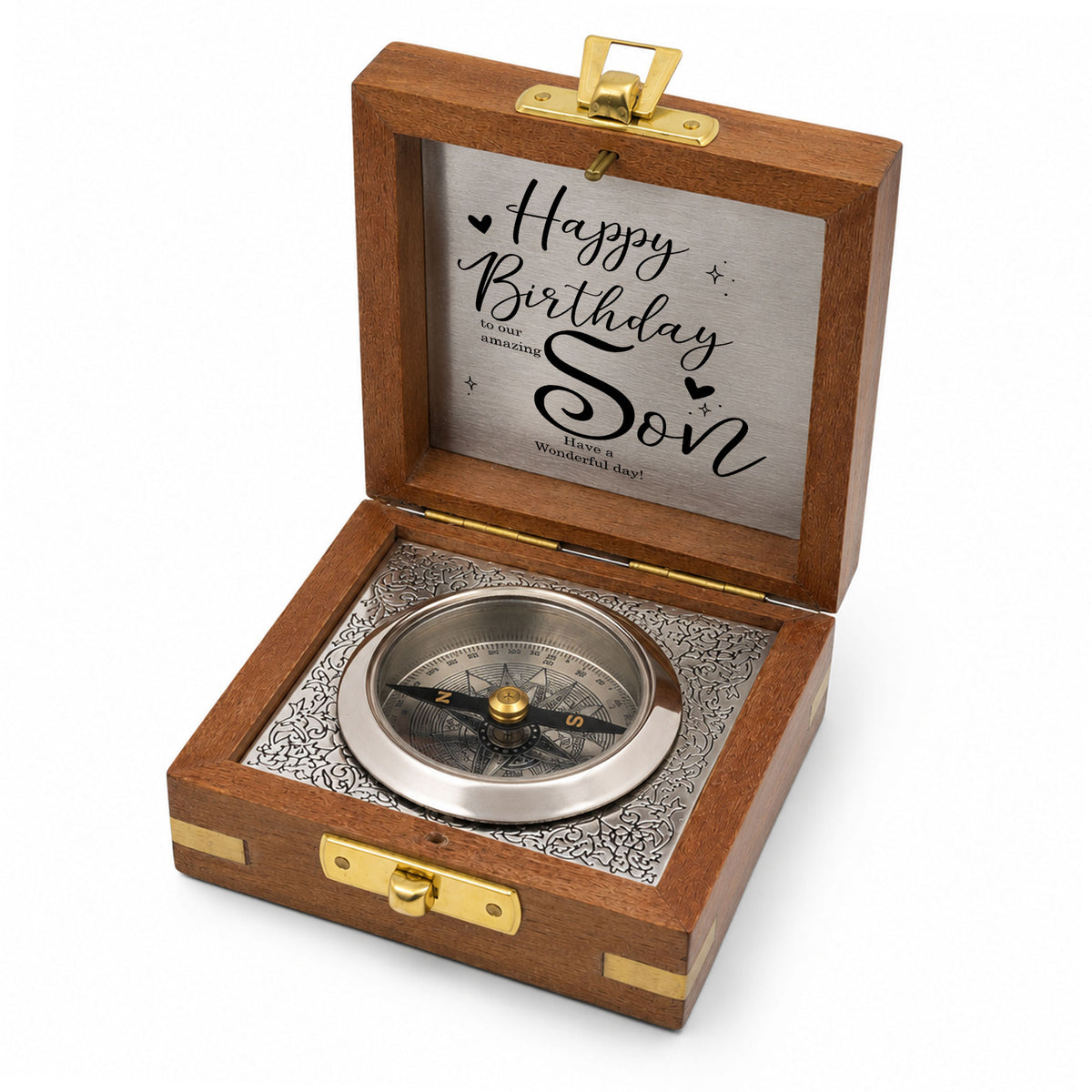 Personalised Nautical Silver Compass with Wooden Box