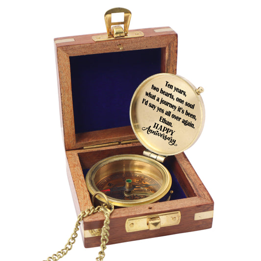 Personalised Brass Compass Gift for 10th Tin Anniversary Celebration