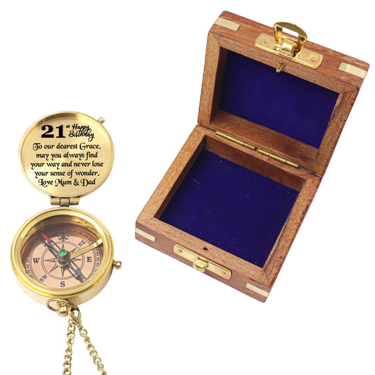 Personalised 21st Birthday Compass Gift with Wooden Box