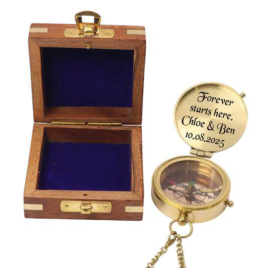 Custom Engraved Wedding Compass Gift with Wooden Box