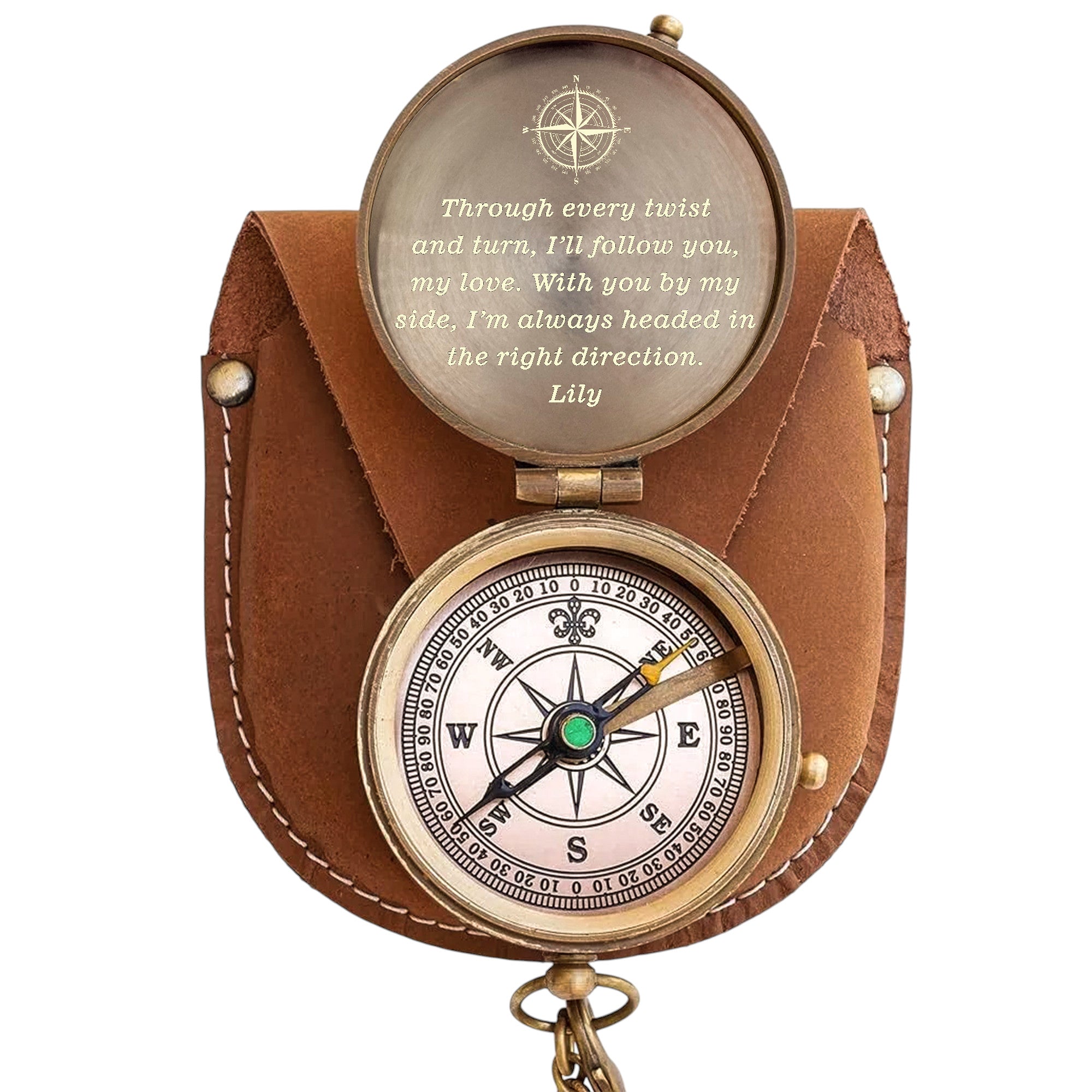 Personalised Bronze Compass with Leather Case