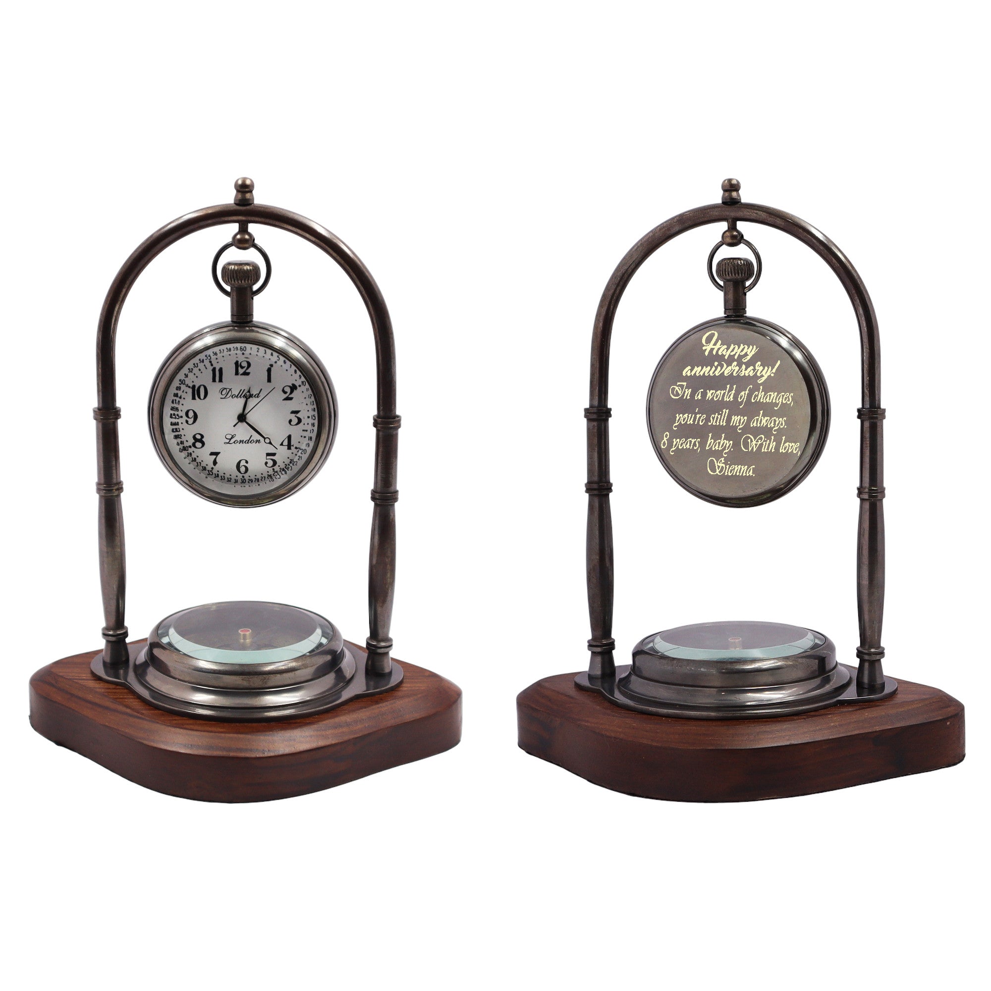 Personalised 8th Bronze Anniversary Desk Clock with Compass