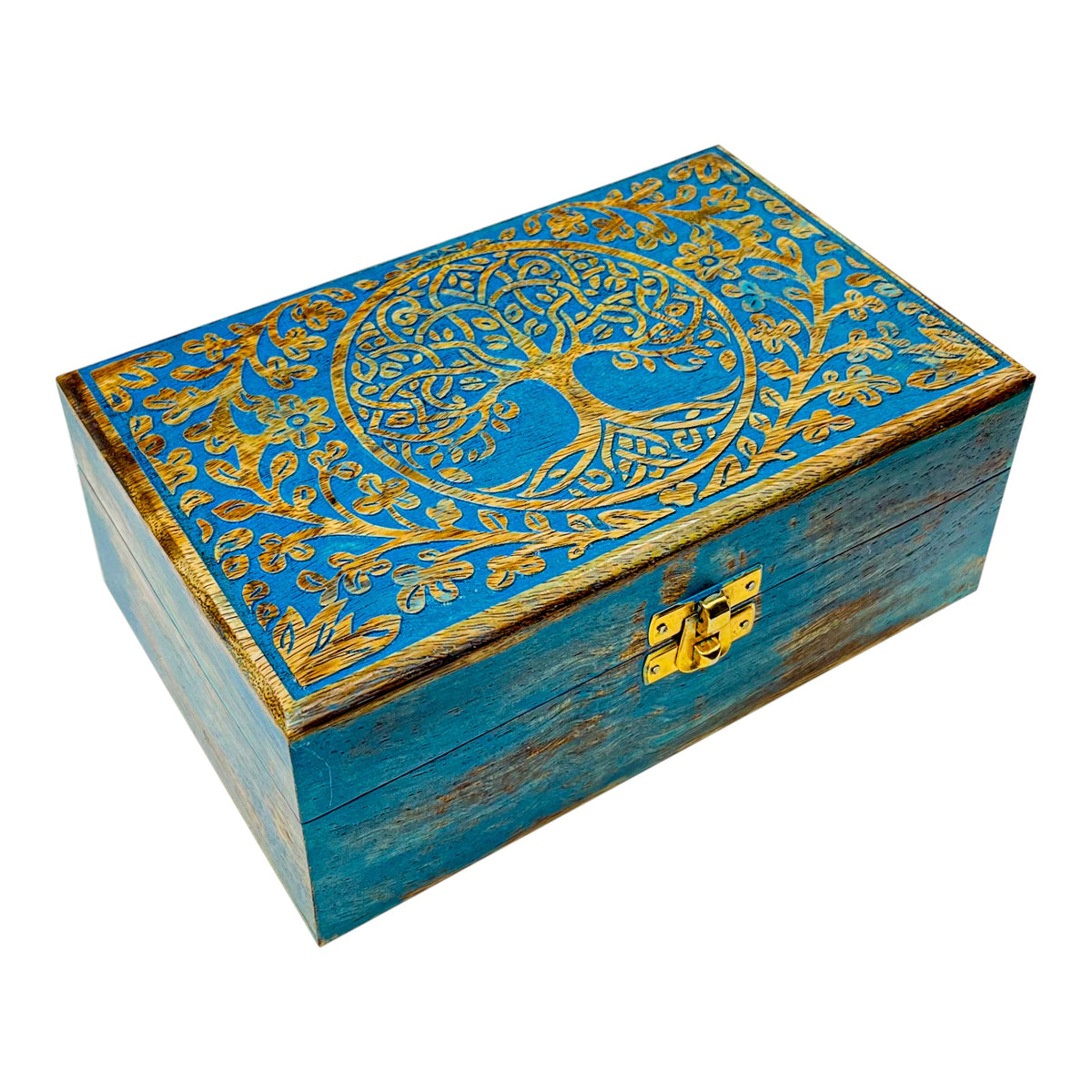 Blue Tree of Life Wooden Chest