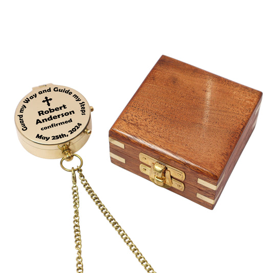 Personalised Baptism Brass Compass Gift with Wooden Box