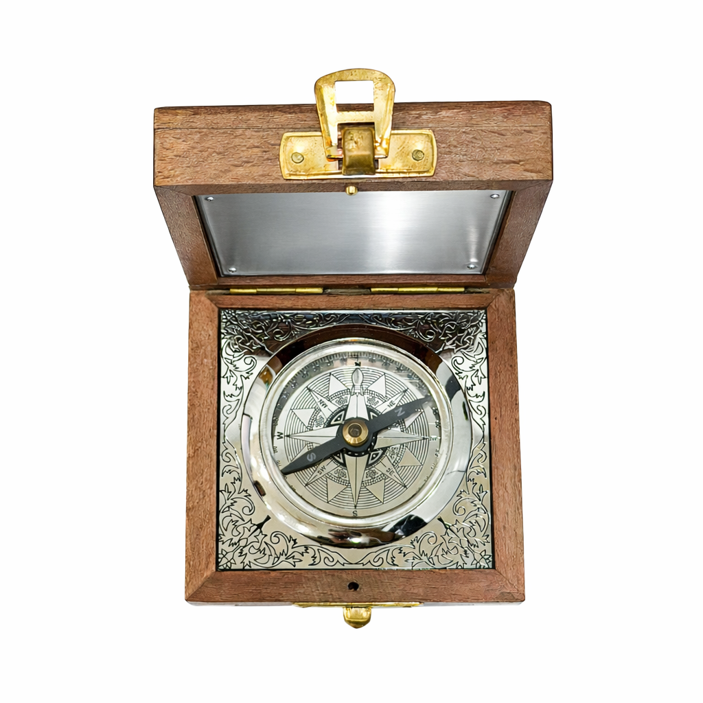 Personalised Nautical Silver Compass with Wooden Box