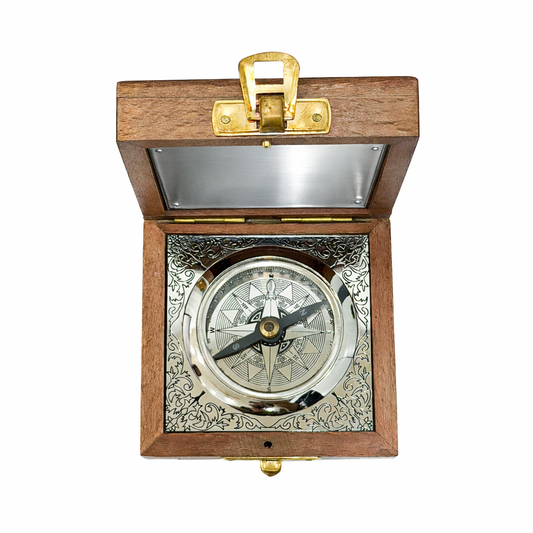 Personalised Nautical Silver Compass with Wooden Box